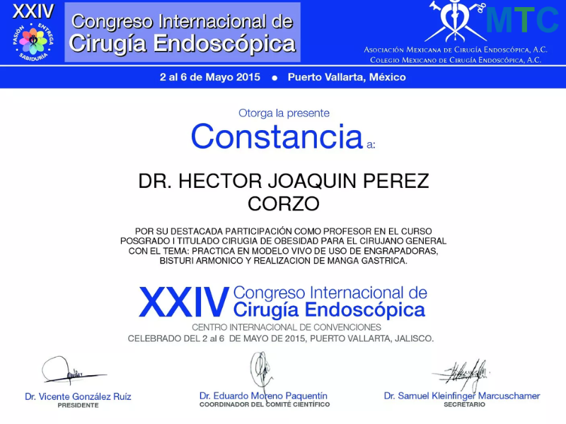 Gastric Bypass Surgery Certificate - Dr. Hector Perez