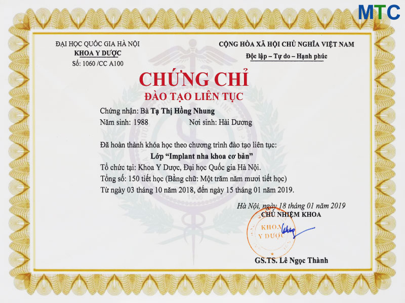 Hanoi dentist certificate