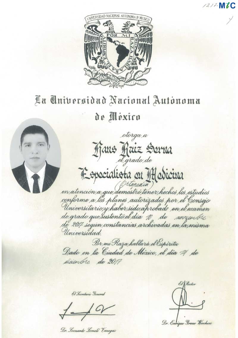 Dr Hans Ruiz Serna Certificate 2