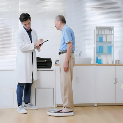 A doctor checking a patient's weight in a hospital room