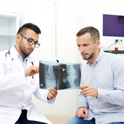 Surgeon explaining x-ray results to a patient