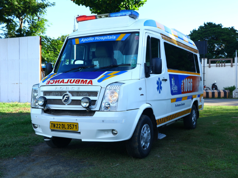 Ambulance standing outside Apollo Multispecialty hospital Chennai