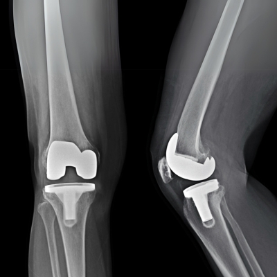 An X-ray depicting knee replacement done on both knees