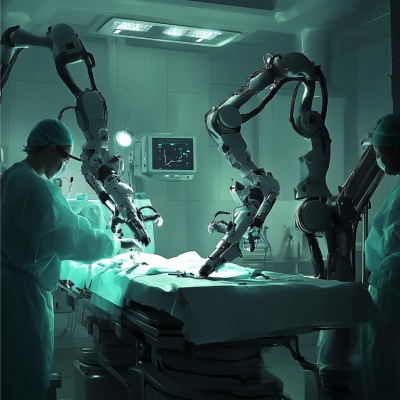 Two robotic arms assisting surgeon in a surgery