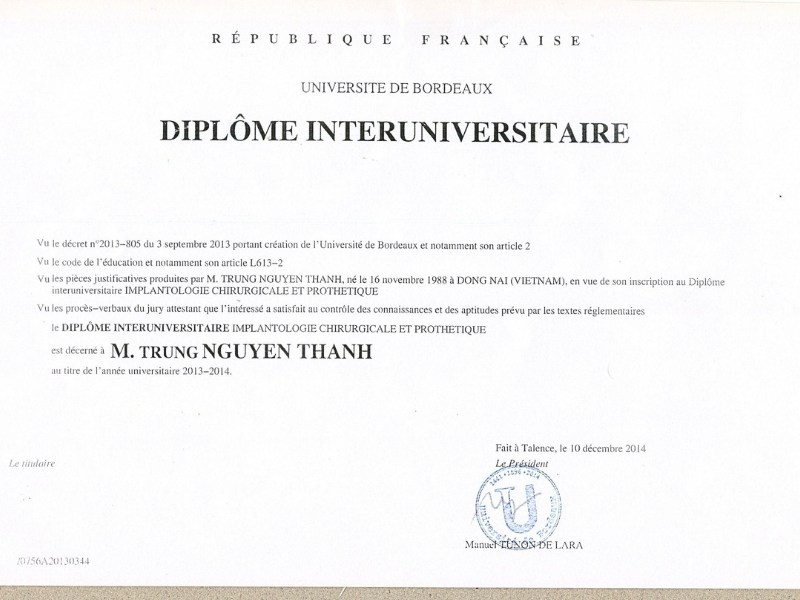 Dr. Thanh's certificate from University of Bordeaux