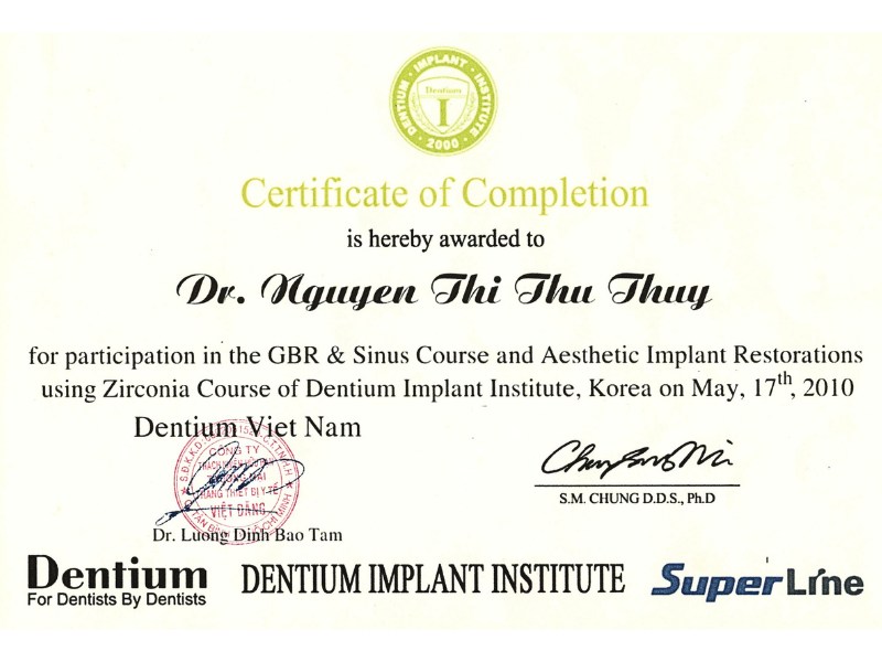 Dr. Thuy's certificate from Dentium Implant Institute