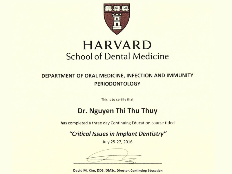 Dr. Thuy's certificate from Harvard School of Dental Medicine