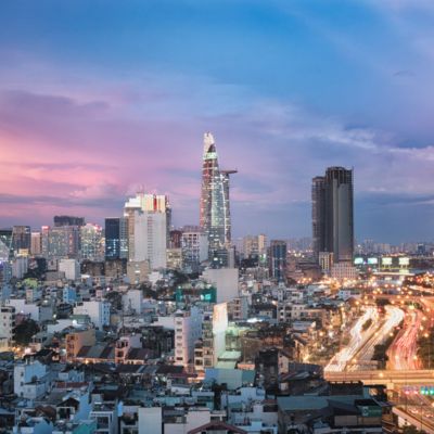 View of the skyline of Ho Chi Minh city, Vietnam at sunset