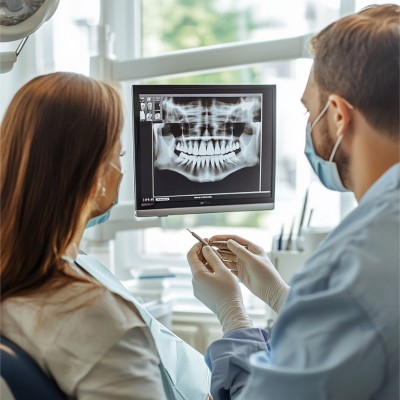 Dentist Explaining Dental X-Ray to Patient in a dental clinic