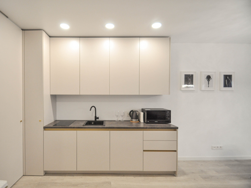 Compact kitchenette in a Lithuania recovery apartment, featuring a wash basin and cabinets for post-surgery convenience