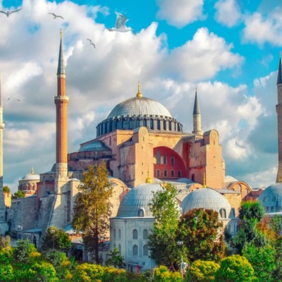 Hagia Sophia with a scenic view under calm weather, featuring a serene sky and peaceful surroundings