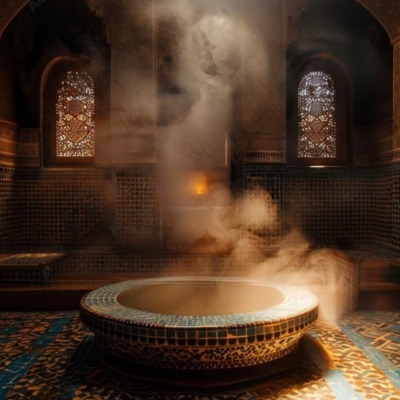 Turkish bath in a beautifully designed traditional room with intricate wall patterns and steam gently rising