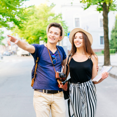 Happy and safe couple tourists 