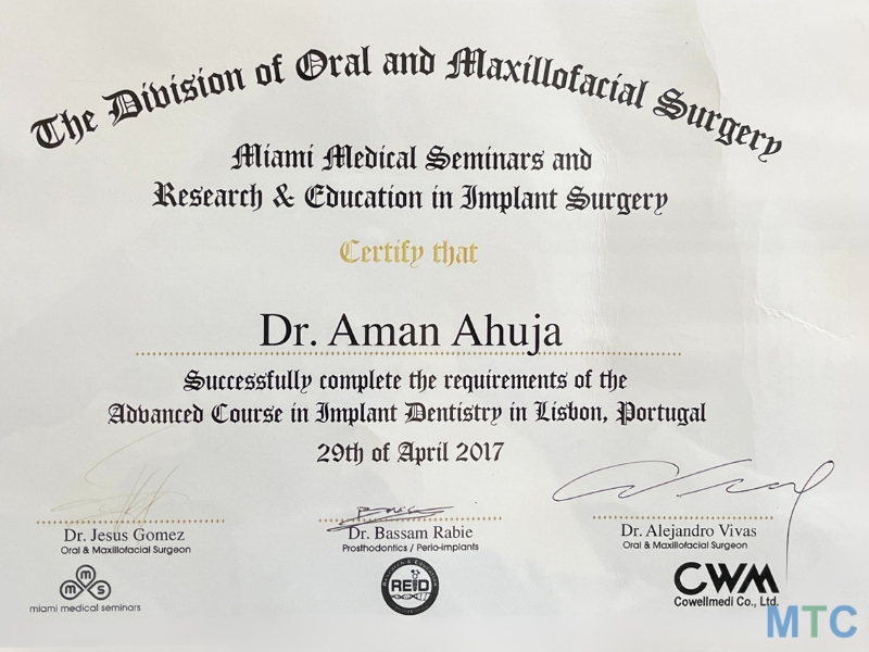 Dr Aman, Certified in Implantology from Lisbon, Portugal