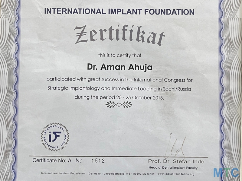 Dr Aman, Certified by International Implant Foundation