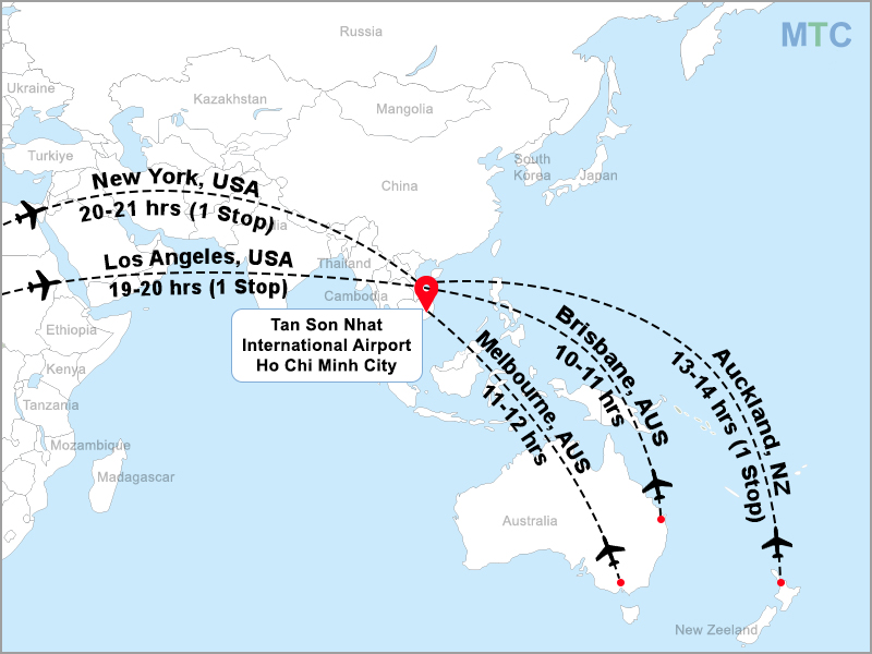 Flight Map - Duration from major cities of USA, AUstralia, and New Zealand to Ho Chi Minh International Airport