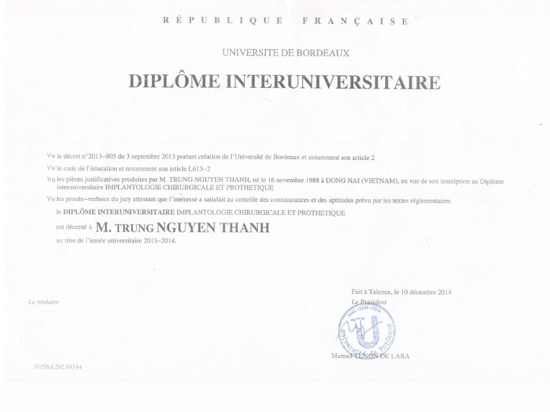 Certificate from University of Bordeaux awarded to Dr. M Trung Nguyen Thanh