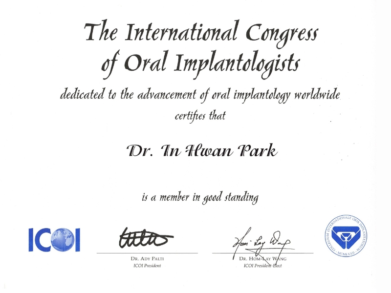 Certificate from ICOI awarded to Dr. In Hwan Park