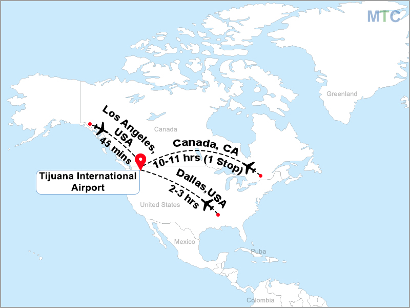 Flight map - International flights from USA and Canada to Tijuana, Mexico