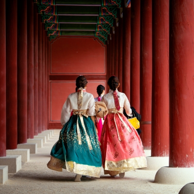 Girls in Hanbok Dress in Seoul, Korea