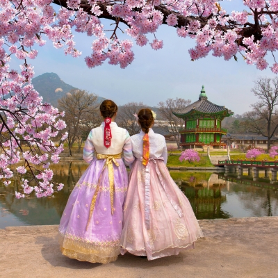 Two Tourists at Gyeongbokgung Palace facing backwards