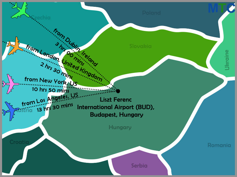 Flying time from major international airports to Budapest airport (BUD)